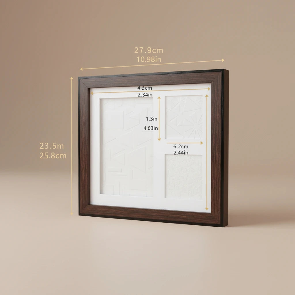 Dimensions du cadre : 27,9 × 23,5 cm, fenêtre empreinte 15,2 × 11,5 cm, fenêtres photo 6,8 × 5,2 cm